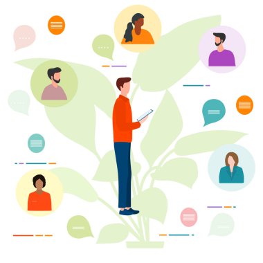 Vektör illüstrasyon İnsanlar Uzaktan çalışma. Cihazlar üzerinde çalış. Karantina COVID-19. Çevrimiçi toplu tartışma için video konferansı. Webinar Sunum İş Danışmanlığı, Sanal Toplantı Konsepti