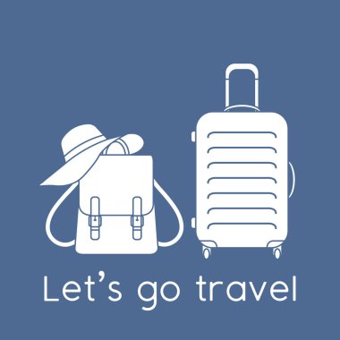 Vektör illüstrasyon çantası, güneş şapkası, arka planda izole edilmiş sırt çantası. Seyahate çıkalım. Yaz tatili, tatil, tatil. Seyahat acentesi kavramı. Web sayfası için dizayn, yazdırma