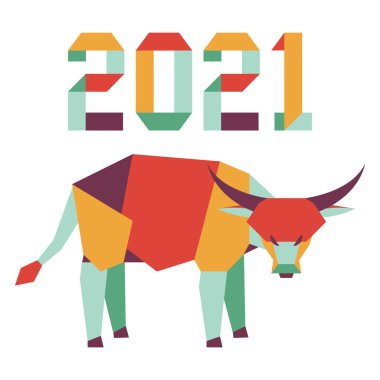 Origami 2021 yılı rakamları ve saçmalıklarıyla yeni yıl vektör illüstrasyonun kutlu olsun. Çin takviminde 2021 'in sembolü olan yıllık boğa burcu. Öküz yılı. Çin burcu. Yazdırma için tasarım