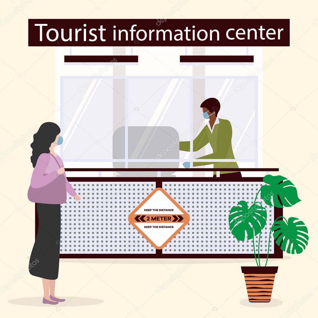 Vector illustration Reopening of Visitor Center after coronavirus Specialist in Tourist Information Center in protective medical mask and gloves provides services to the tourist. COVID free New normal