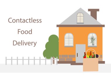 Vektör illüstrasyonu Temassız teslimat. Yemek poşeti evin girişine bırakılmış. Coronavirus COVID-19 karantina emri transferi. Virüs 2019-nCoV koruması, enfeksiyon önleme. Salgını Kontrol Et