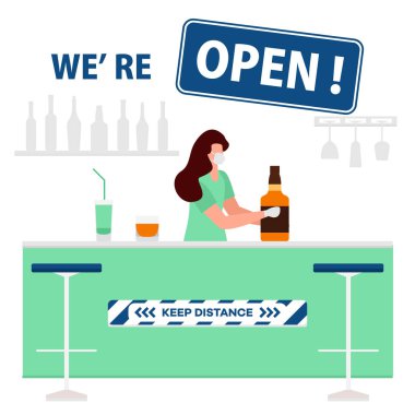 Kafenin yeniden açılması, COVID-19 karantina sonrası bar, koronavirüs salgını. Ziyaretçiler arasındaki mesafeyi korumak. Sosyal uzaklık. Enfeksiyon riskinin azaltılması, önleme tedbirleri