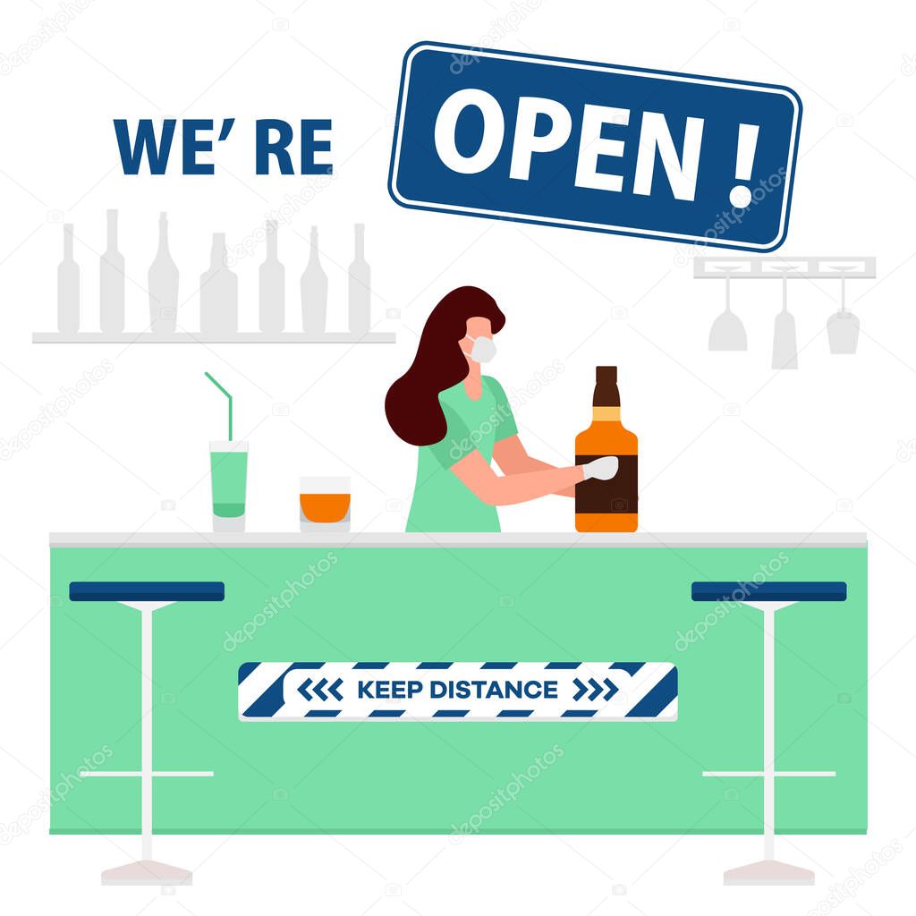 Vector illustration Reopening of cafe, bar after COVID-19 quarantine, coronavirus pandemic. Keeping distance between visitors. Social distancing. Reducing risk of infection, prevention measures