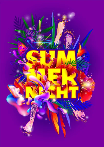 ベクトル イラストと熱帯の花 オウム ボディー クリームのスプレー 女性の手と足 暗い紫色の背景に黄色の碑文 夏の夜 — ストックベクタ
