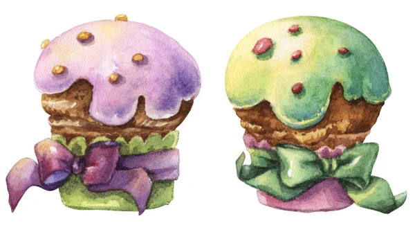 bir yay ile ambalaj bir ışık renkli sır içinde 2 kekler suluboya resim