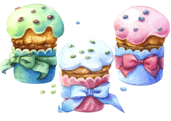 bir yay ile ambalaj bir ışık renkli sır içinde 3 kekler suluboya resim