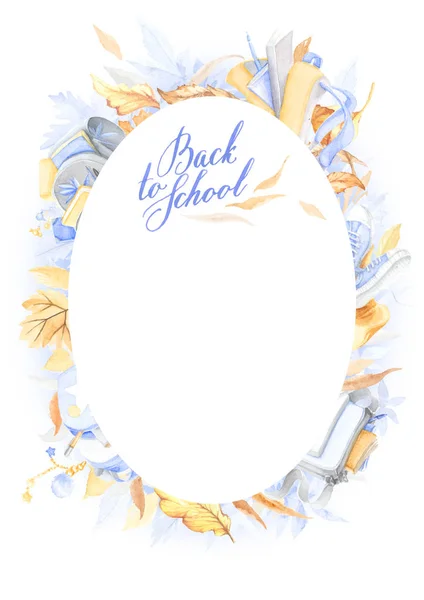 Aquarel Oval Frame Van Herfstbladeren Schooltassen Met Handgeschreven Tekst Terug — Stockfoto