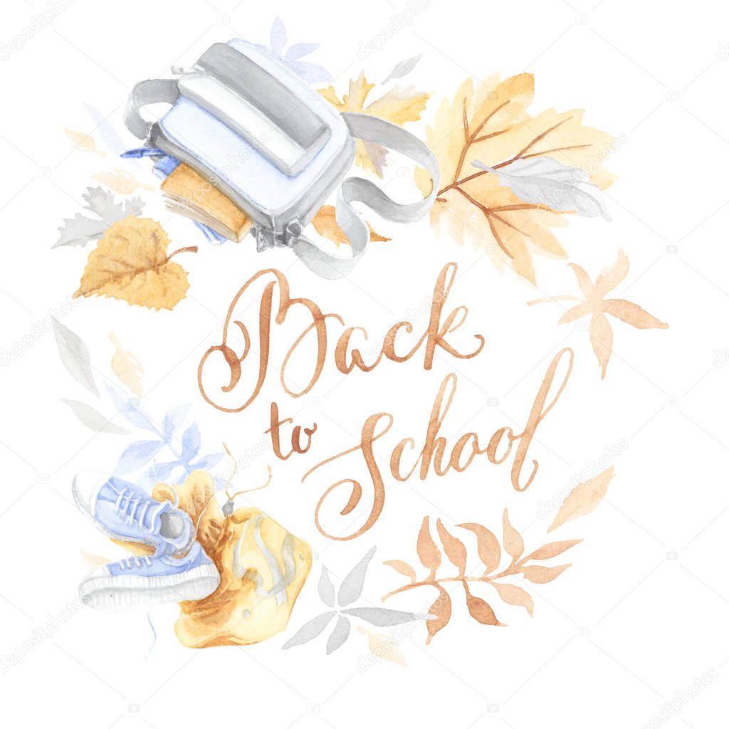 watercolor illustration with autumn leaves, school bag, sack with sneakers and handwritten text 