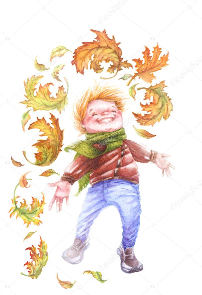 watercolor illustration with a red-haired boy and autumn leaves