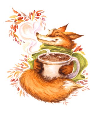 yeşil fular ve kupa ile fox ile suluboya resim
