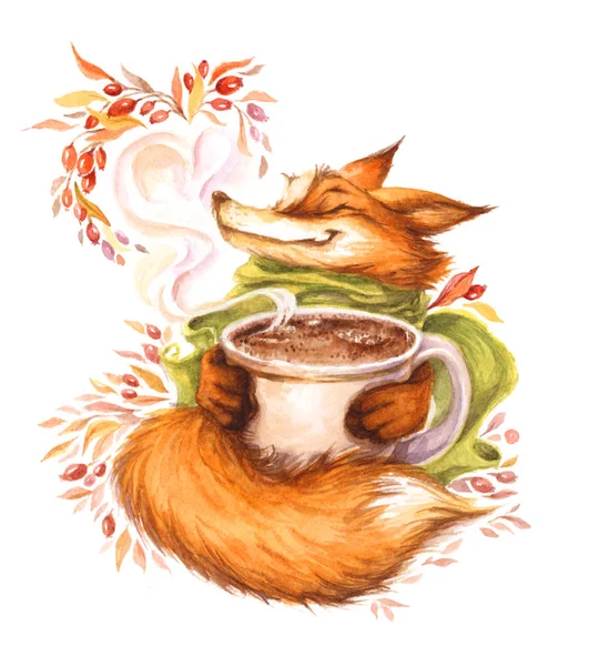 Akvarelu Ilustrace Fox Zelenou Šálu Hrnek — Stock fotografie