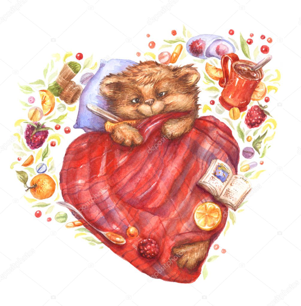 Watercolor illustration with brown bear and red blanket