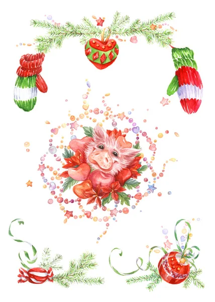 Akvarelu Ilustrace Prasátko Novoroční Dekorace — Stock fotografie