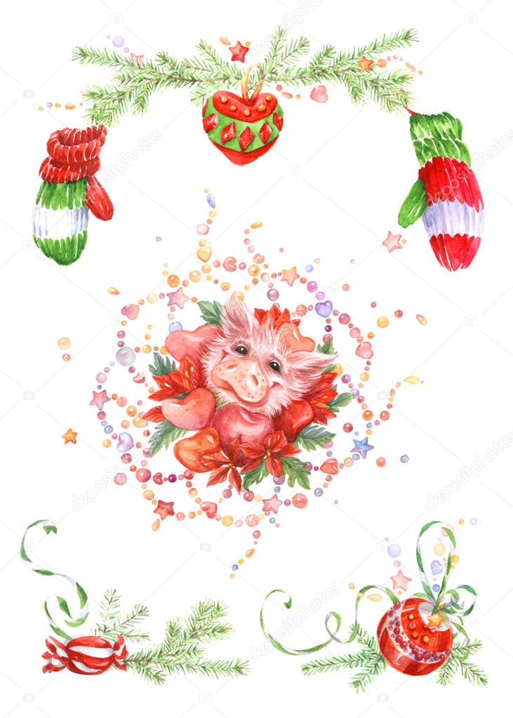 watercolor illustration with piglet and new year decorations