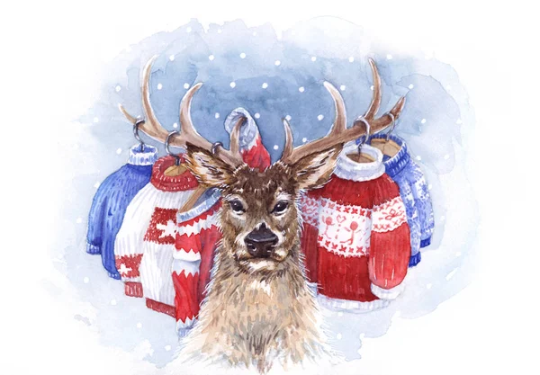 鹿とセーターの水彩イラスト — ストック写真