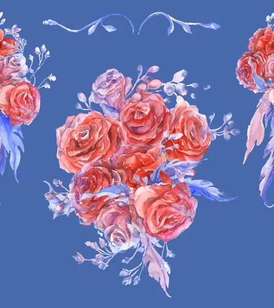 Aquarell Nahtloses Muster Mit Roten Rosen Auf Blauem Hintergrund — Stockfoto
