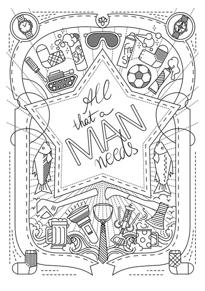 Erkekler, erkekler kartı için hediyeler ile ince siyah çizgiler vektör çizim