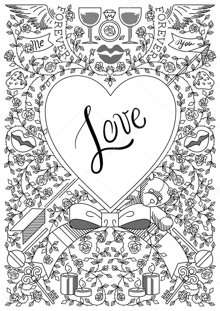 vector illustration of thin black lines roses, heart, valentine