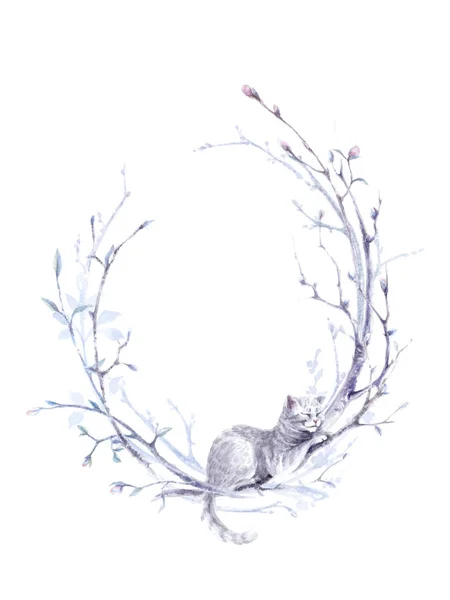 Tavaszi Egy Macska Akvarell Ovális Keret — Stock Fotó