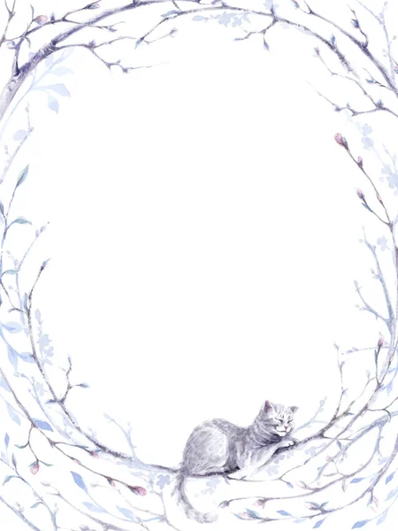 bahar dalları ve bir kedi ile suluboya oval çerçeve