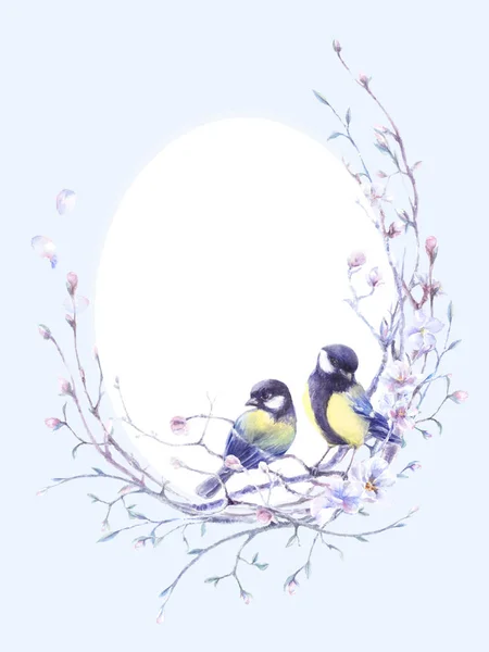 Aquarell Illustration Mit Vögeln Auf Frühlingszweigen Ovaler Rahmen — Stockfoto