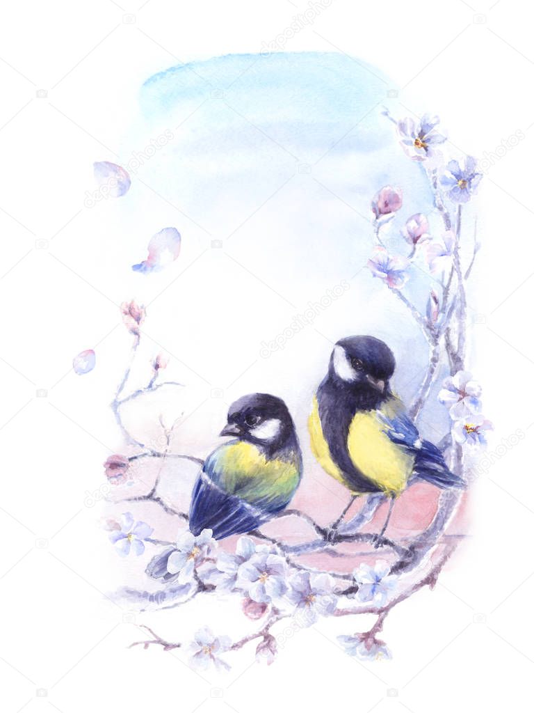 watercolor illustration with birds on spring branches