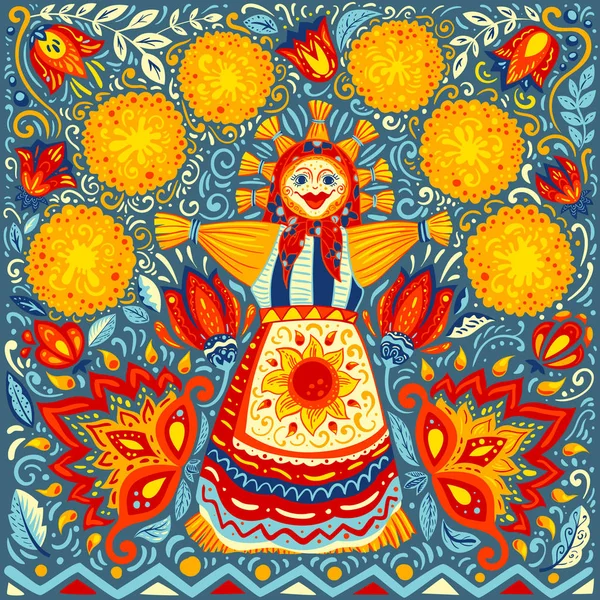 Slav Bahar Festivali, krep, saman adam ve geleneksel süs vektör çizim