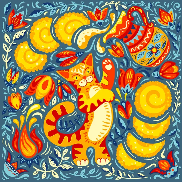 Slav Bahar Şenliği krep, kedi, sürahi ve geleneksel süs vektör çizim