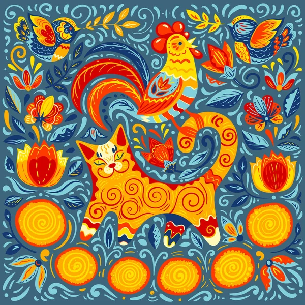 Slav Bahar Festivali, krep, bir kedi, bir horoz ve geleneksel süs vektör çizim