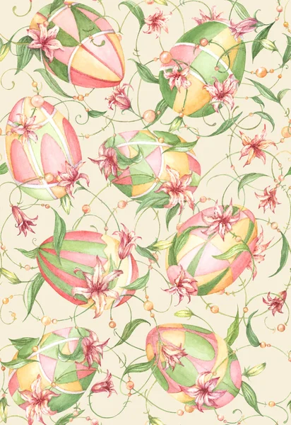 Paskalya yumurtaları ve kıvırcık çiçekler, Paskalya arka plan ile sulu boya Dikişsiz desen