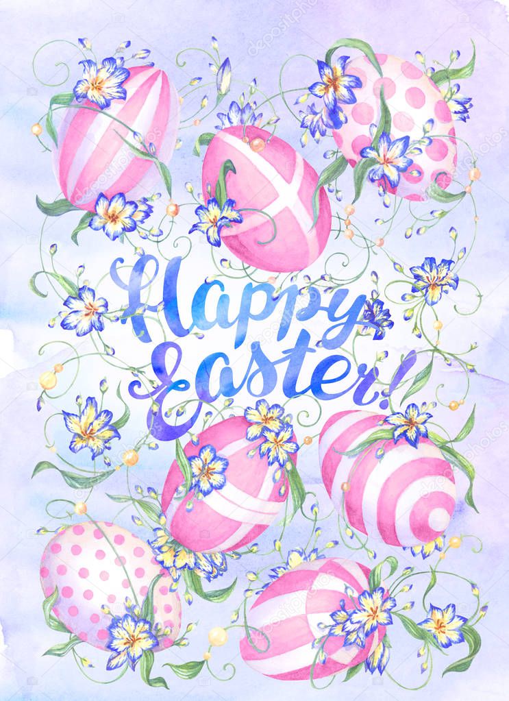 watercolor easter illustration with colored eggs, floral ornament and the inscription 