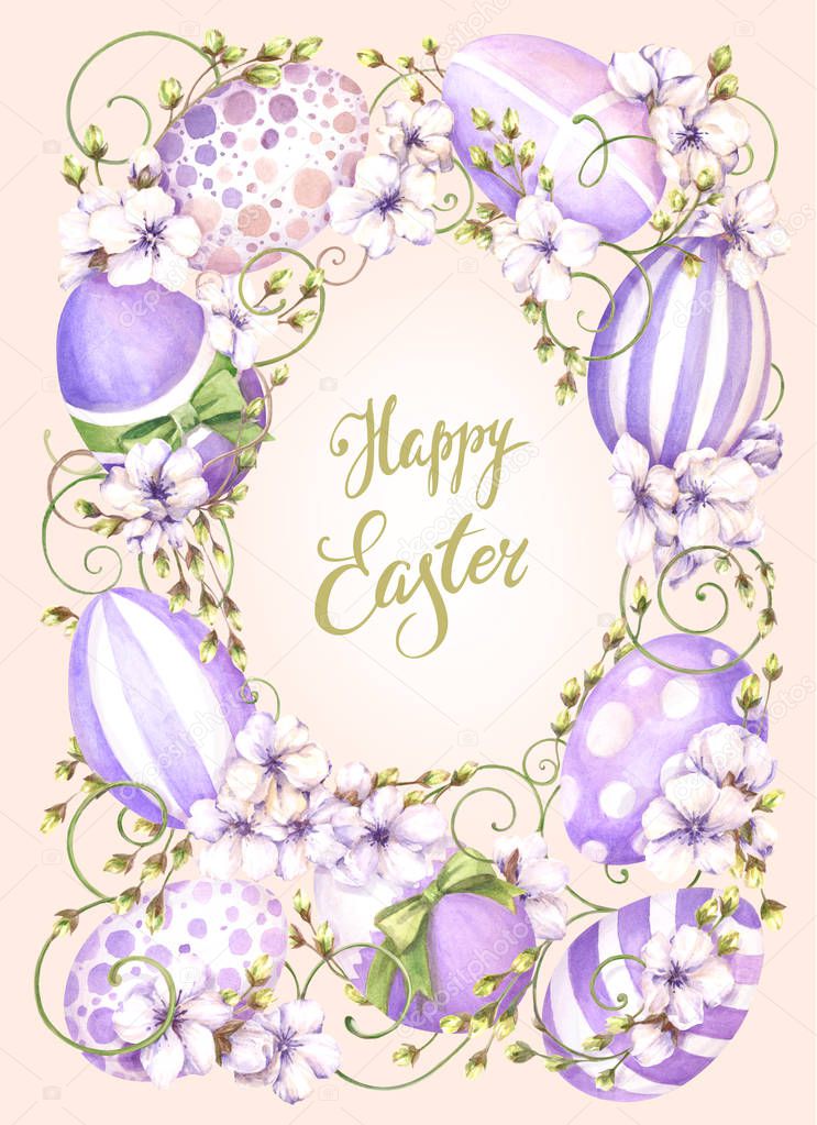 watercolor Easter illustration, with painted eggs, floral ornament and the inscription 