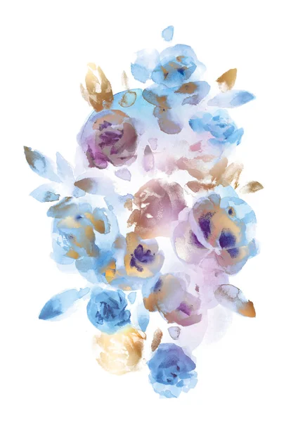 水彩插图与玫瑰在蓝色和粉红色和金色 — 图库照片