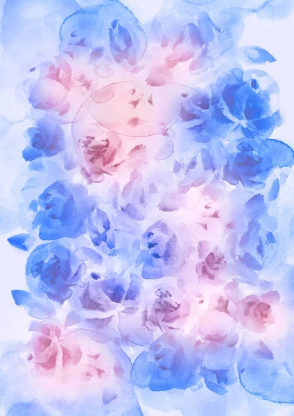 Aquarell Illustration Mit Rosen Blauer Und Rosa Farbe Hintergrund — Stockfoto