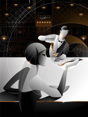 bir kız ve bir barda bir barmen ile vektör illüstrasyon, kelimeleri ile 