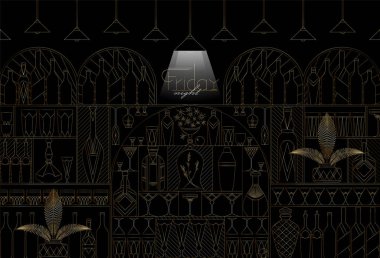 Vector illustration with bar, shelves with bottles and glasses, background vector Vector illustration with bar, shelves with bottles and glasses, background vector