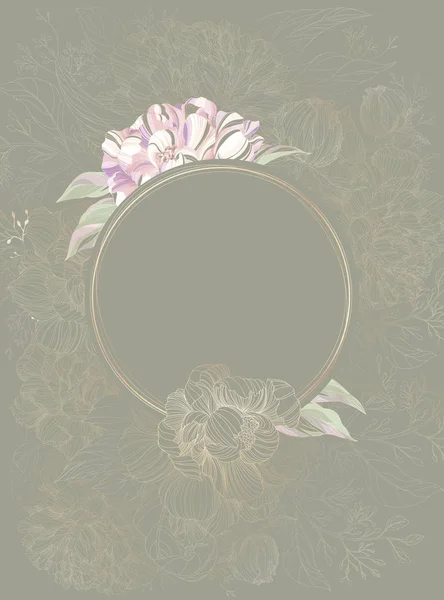 Illustration Vectorielle Avec Pivoines Roses Cadre Ovale — Image vectorielle