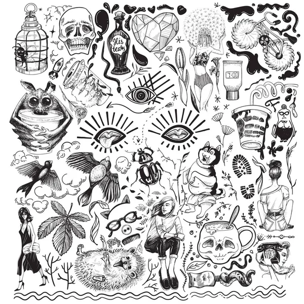 Vector Monochroom Illustratie Grappige Jeugd Doodles Stickers — Stockvector