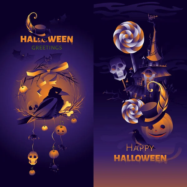 Vector Illustration Pumpkins Bats Raven Halloween Cards — Stock Vector