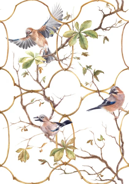 suluboya desenli kuşlar, dallar ve dövülmüş sarmaşıklar