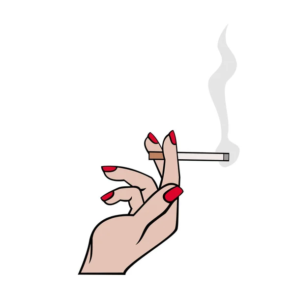 Mano Una Mujer Sostiene Signo Icono Cigarrillo Vector Uñas Rojas — Vector de stock