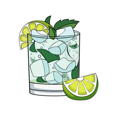 Vektör Gösterim amacıyla menü alkollü kokteyl mojito, bardak mojito bar / buz küpleri, nane yaprağı, limon dilimi, taze içki logosu