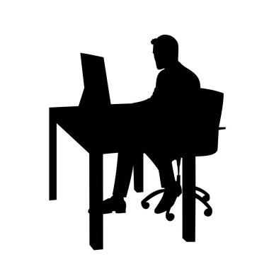 siyah bir bilgisayar simgesi vektör, çalışan adam, iş yeri kavramı, laptop çalışma öğrenci arkasında oturan bir adam silüeti