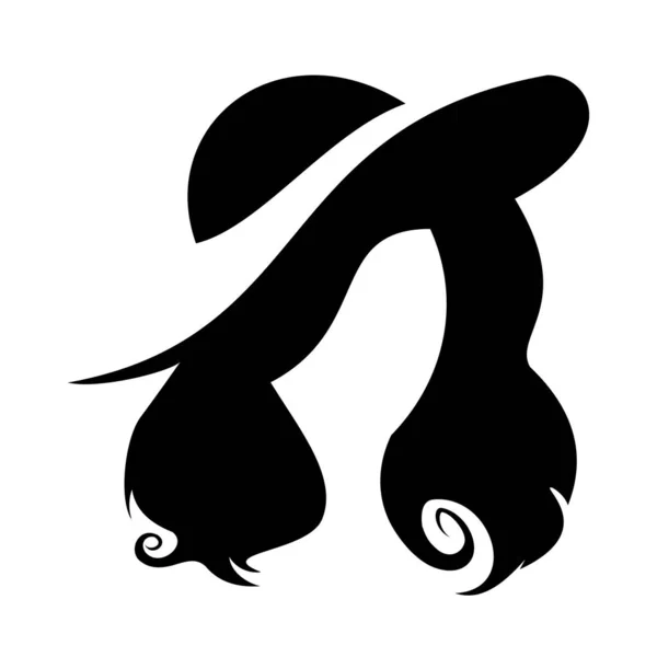 黑色女人的头发与帽子图标矢量 漂亮的女士标志 美容标志 妇女肖像剪影 — 图库矢量图片