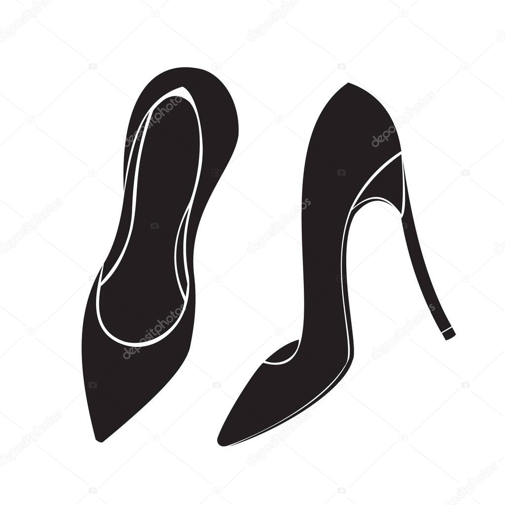 black icon of pair fashionable women's high heel shoes, shop sign, lady logo, vector, silhouette of shoe