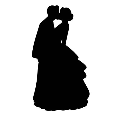 Damat ve gelin öpüşme siyah siluet, beyaz arka plan vektör illüstrasyon düğün tasarımı, aşk logosu, aile simgesi