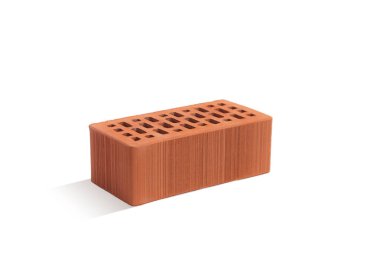 Beyaz arka planda kırmızı tuğla (tuğla blok). İnşaat sektöründe yeni bir gelişmenin seramik bloğu.