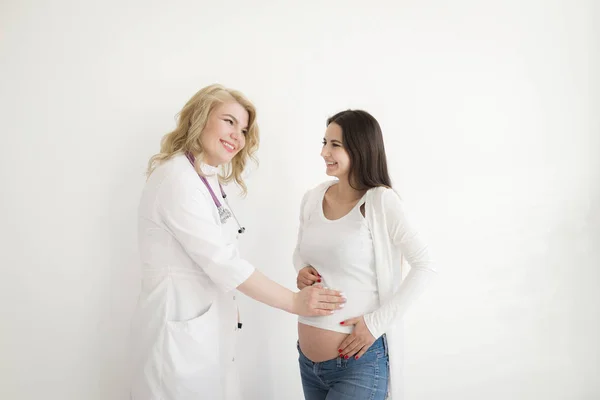 Doctor Touches Belly Pregnant Woman Doctor Uses Stethoscope Work Examination — Stock Photo, Image