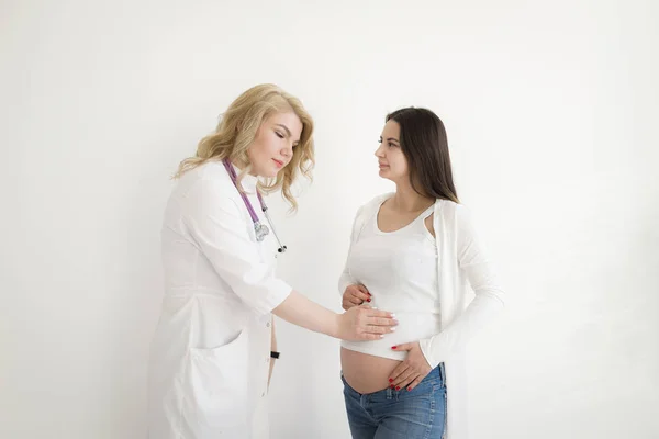 Doctor Touches Belly Pregnant Woman Doctor Uses Stethoscope Work Examination — Stock Photo, Image