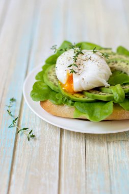 Yumurta-ciabatta ile haşlanmış, avokado ve bebek marul yaprakları.